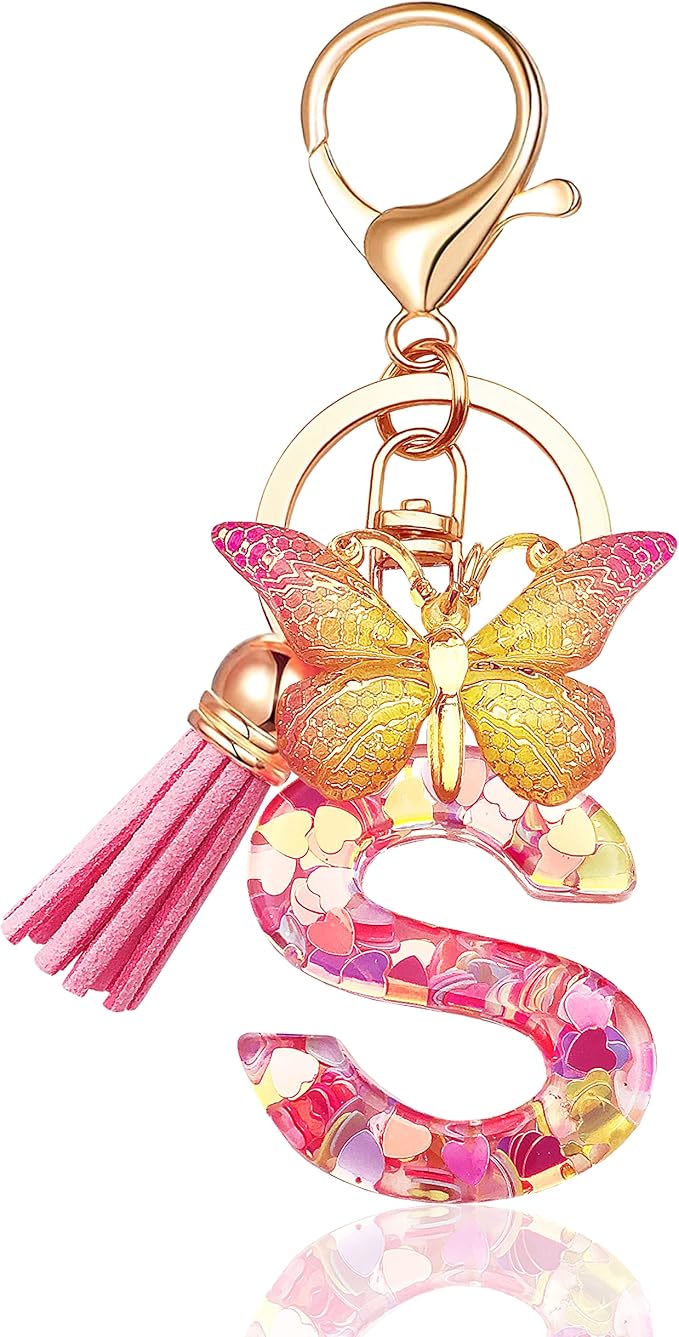 JINGUAZI Initial letter Keychains for Women Tassel Butterfly Pink Purple Cute Car Keychain for Wallet Backpack bag charm