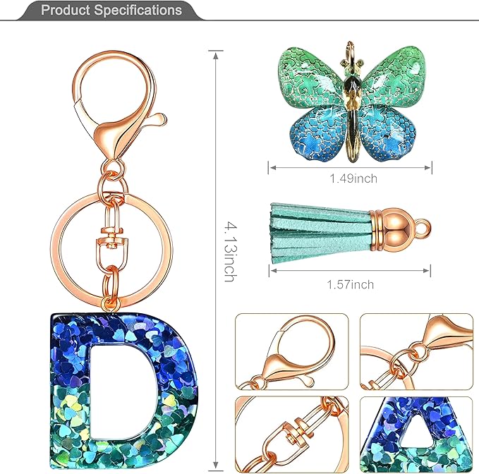 JINGUAZI Initial letter Keychains for Women Tassel Butterfly Pink Purple Cute Car Keychain for Wallet Backpack bag charm