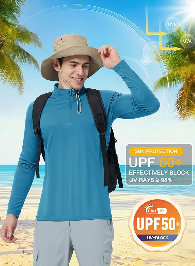 CRYSULLY Men's Long Sleeve 1/4 Zip Shirts Sun Protection Pullover UPF 50+ Rash Guard Running Lightweight T Shirt