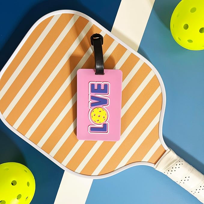 Bag Tag – Golf, Pickleball, Tennis Racquet Shape, Flexible & Waterproof Silicone Luggage Tag, Secure Strap for Bag Identification, Great Tennis Gift for Players & Enthusiasts (Pickleball Love)