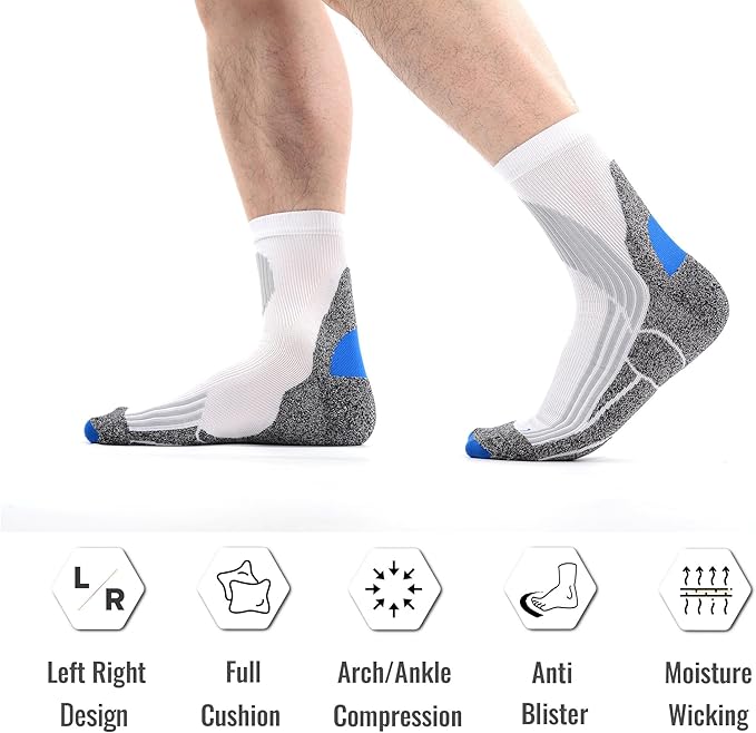 Tactia Full Cushion Compression Socks Men, Coolmax No-Blister Wicking Padded Heel, Quarter Socks for Tennis Golf Hiking Work