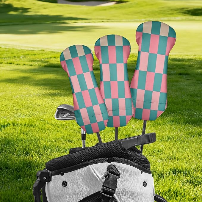 Golf Club Head Covers for Driver Hybrid and Fairway Woods, Waterproof Leather Headcovers for Golf Clubs, Ideal Golf Accessories Gift for Men Women (Pink and Teal Checkered)