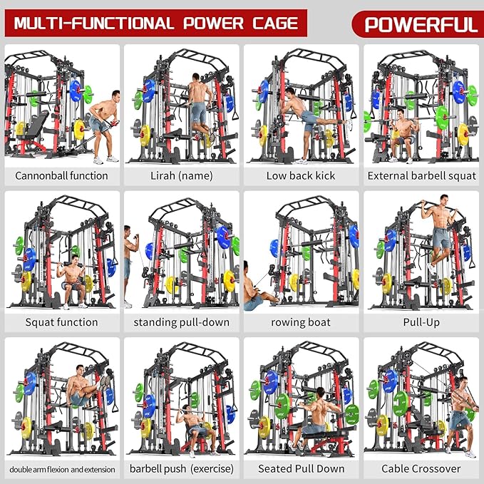 Smith Machine，Multi-Function Squat Rack Power Cage with Cable Crossover System,with Optional Weight Bench, Olympic Barbell Weight Set, for Home Gym