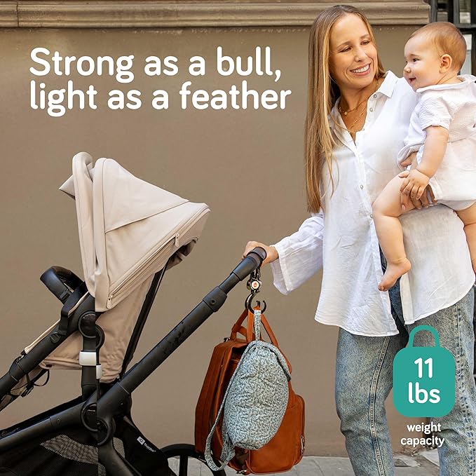 Baby Uma Stroller Hooks (2 Pack) - Open Stroller Hook with 360°-Swivel Neck & Extra Strong Strap, Easy On 'n Off & Universal, 11 lb Weight Capacity, Baby Travel Essential