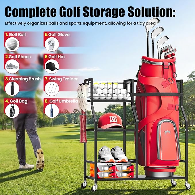 TOOLF Golf Bag Organizer, Golf Club Storage with Wheels, Sturdy Metal Golf Bag Holder Stand for Home, Garage, Outdoor, Includes 4 Storage Sections & Removable Hooks