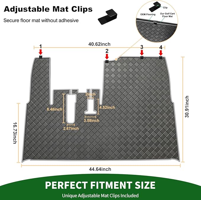 Golf Cart Floor Liner Mat 8mm Thick Rubber Full Coverage Only Fit for 2007-2016 Yamaha Drive (Gen1), G29, YDR, Adventurer Carts Diamond Deluxe Non-Slip Front Feet Mats Replacement - Grey Trim
