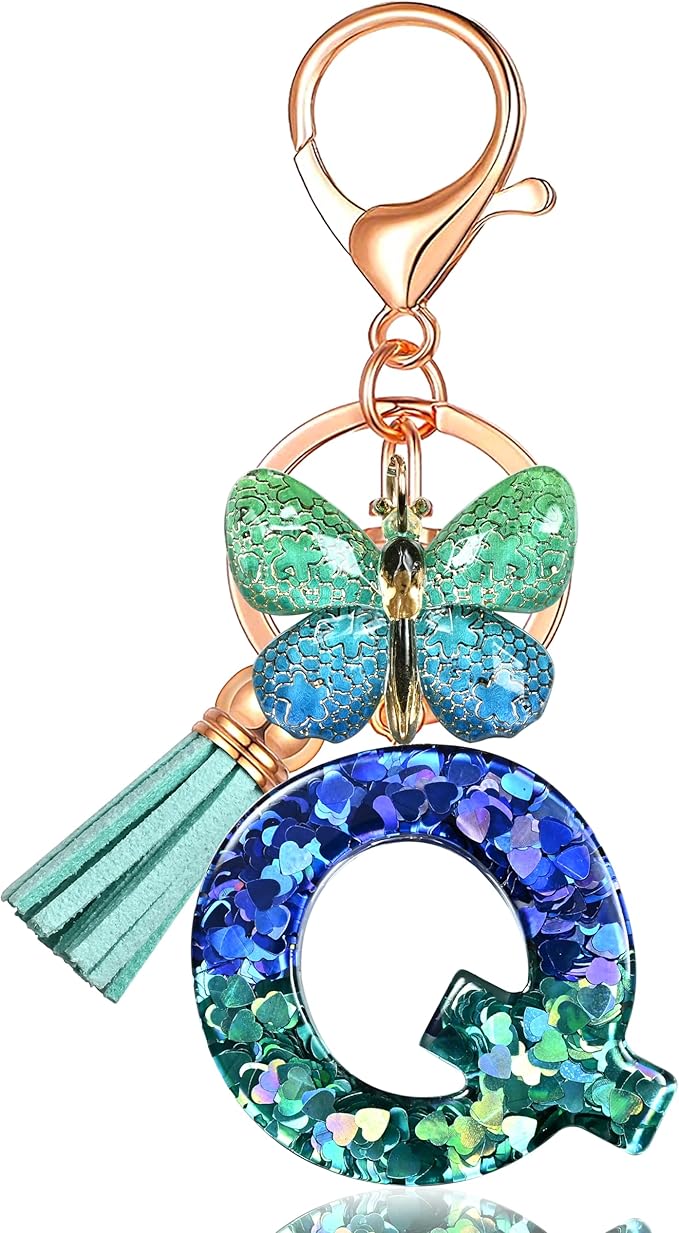 JINGUAZI Initial letter Keychains for Women Tassel Butterfly Pink Purple Cute Car Keychain for Wallet Backpack bag charm