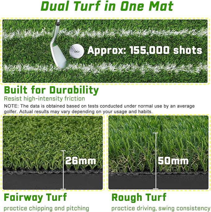 DCQ Real Feel 5x4ft & 6x4ft Golf Hitting Mat, Large Golf Mat, Dual Turf, Fairway & Rough Artificial Grass, Golf Practice Mat Indoor & Outdoor, Driving & Chipping Pad with Cushion, Golf Simulator Mat