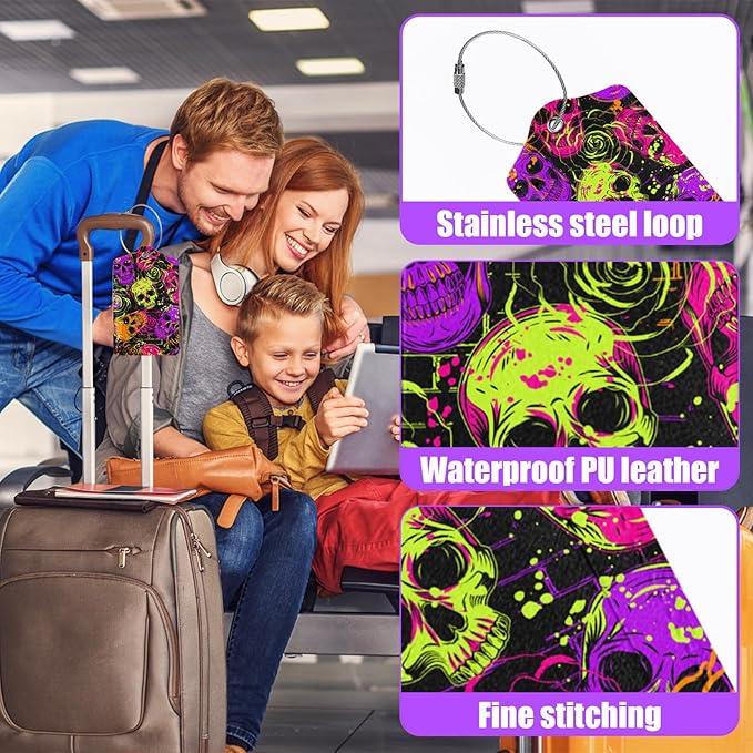 3 Pack Skull Flowers Luggage Tags for Suitcase PU Leather Travel Luggage Tag Privacy Cover ID Label for Women Men Baggage Backpack Handbag School Bag