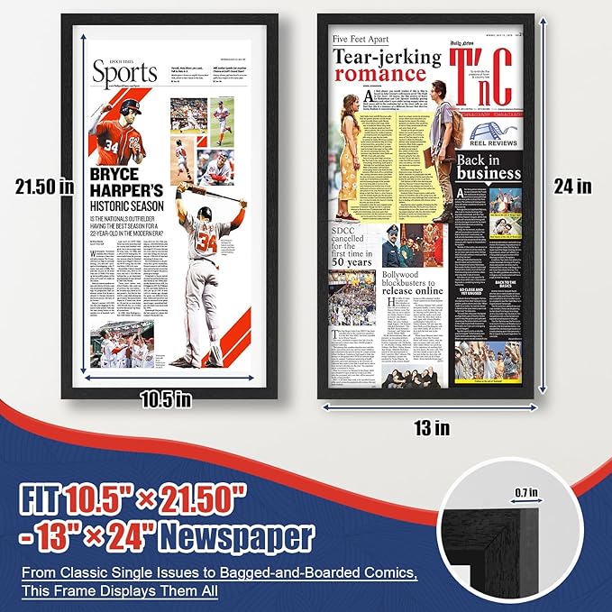 JupDec 11 × 22 Up to 13 × 24 Newspaper Frame, Premium Wood Display Case with Acrylic Panel, Wall Mount or Tabletop Stand, Perfect for Home & Office Decor, Ideal Gift for Collector, 1 Pack, White