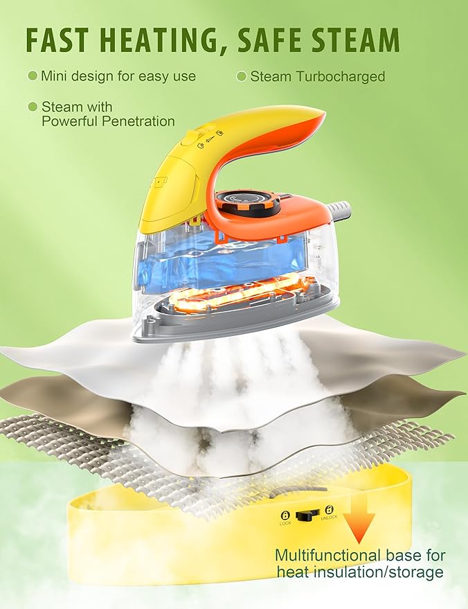 Sundu Mini Travel Iron with Steam,1000W Portable Non-Stick Soleplate Steam Samll Iron for Quilting & Sewing,300 Microsteam Holes,90ml water tank,lockable safety base,Digital Temperature Control-Yellow