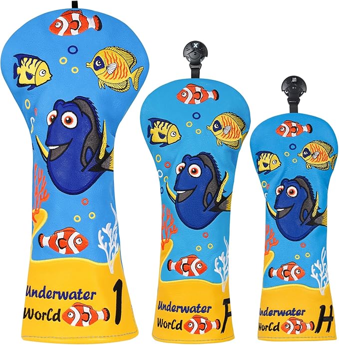 Golf Club Head Covers, Underwater World Driver Headcover Hybrid Headcover Fairway Wood Head Covers Magnetic Blade Putter Cover with Interchangeable Tags for All Brand
