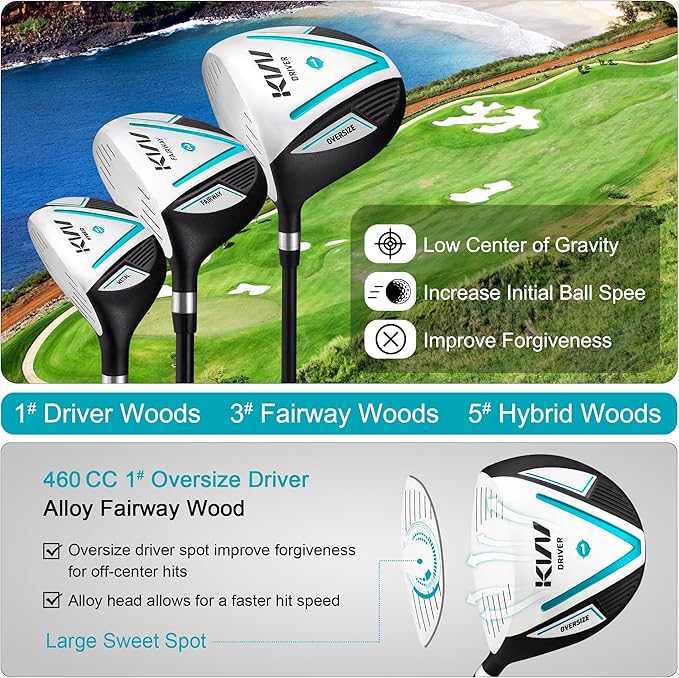 KVV Premium Right Hand Golf Club Set 11-Piece Set for Women, Including Driver, Fairway, Hybrid, 5#-P# Irons, Putter Steel Shaft Regular Flex Golf Clubs, with/Without Golf Bag