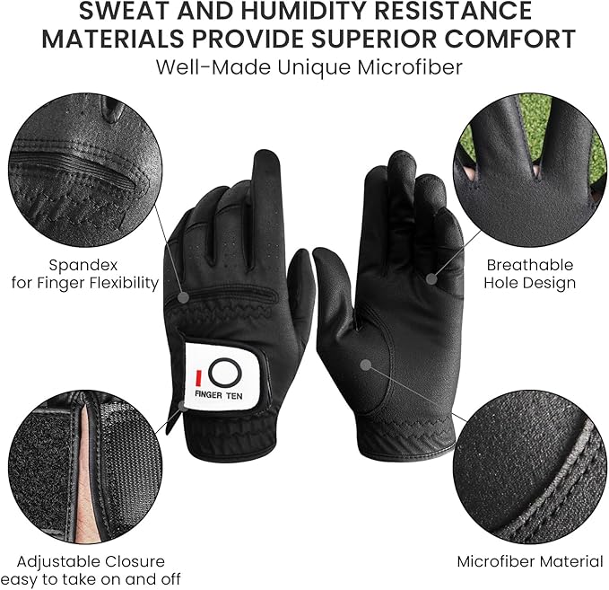 FINGER TEN All Weather Grip Golf Gloves Men Value 3 Pack for Right Handed Golfer, Hot Wet Rain Grip & Comfort Soft Glove for Premium Performance, Colors White Black Blue Sizes S M L XL