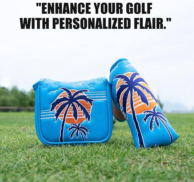 Montela Golf Club Covers Summer Coconut Tree Golf Putter Cover Driver Cover Fariway Wood Headcover Hybrid Covers Mallet Putter Headcover Blade Golf Headcover for Most Brand