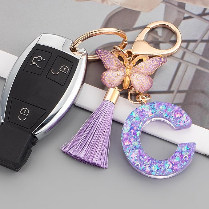 Suweibuke Colourful Cute Initial Letter Keychains for Women Girls with Tassel Butterfly, Charm for Purse Handbags Backpacks