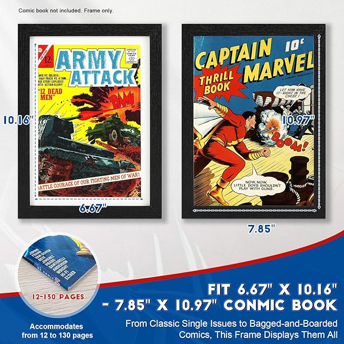 JupDec Comic Book Frame, Premium Wood Display Case for 6 11/16" × 10 3/16" Comic, Wall Mount or Tabletop Stand, Layered Design with Positioning Mat, Perfect for Home Decor, 1 Pack, White