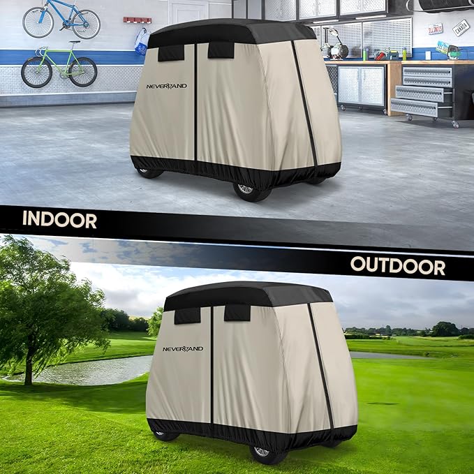 NEVERLAND Golf Cart Cover 4 Passenger - Outdoor Waterprood Golf Cart Covers, 420D Club Car Golf Cart Covers With Air Vent&Zipper Compatible with EZGO Yamaha Club Car 4 Seat (Up to 112 Inch)Black+Brown