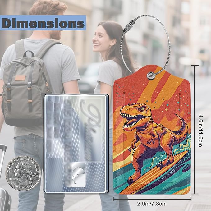 Surfing Dinosaur Luggage Tag, 3 Pack Luggage Tags for Suitcases, Cute Suitcase Tags Identifiers Bag Tags with Privacy Flap, Baggage Name Tag for Women Men Luggage Backpack Handbag
