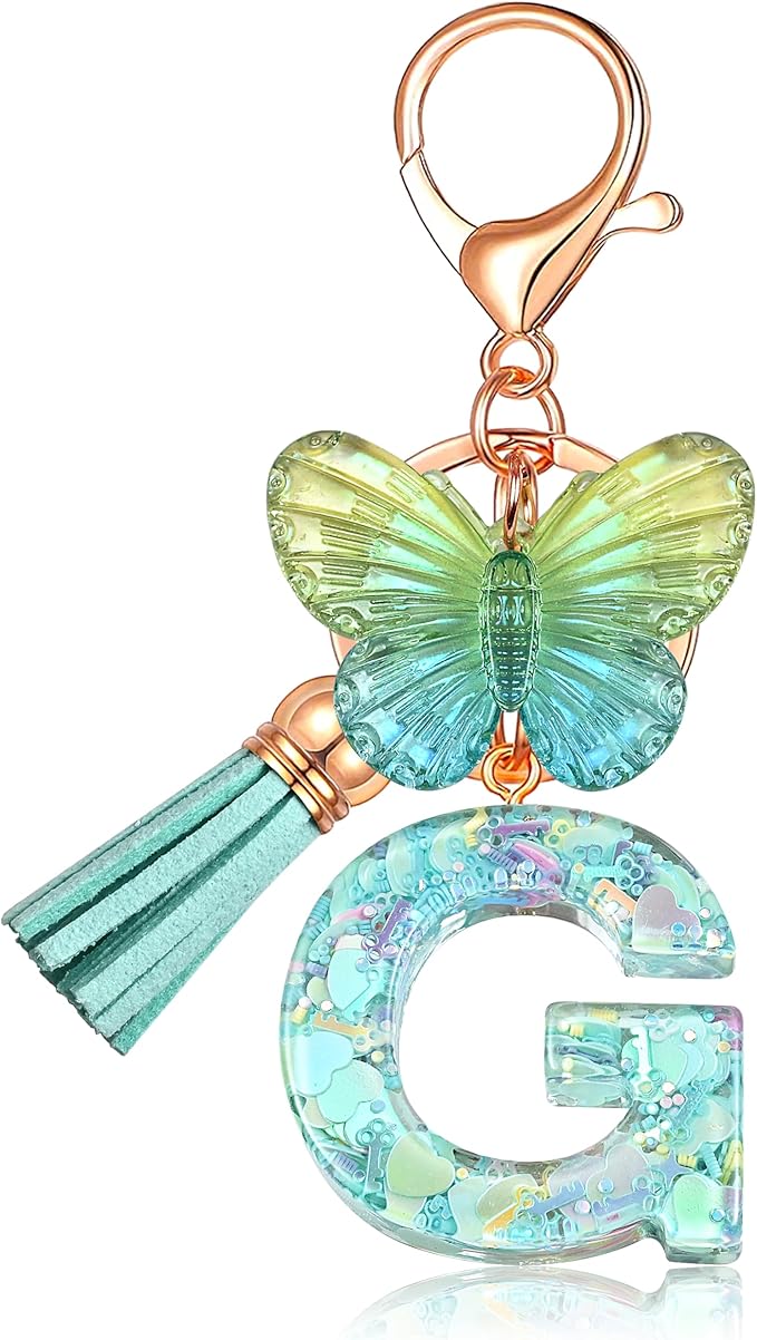 JINGUAZI Initial letter Keychains for Women Tassel Butterfly Pink Purple Cute Car Keychain for Wallet Backpack bag charm