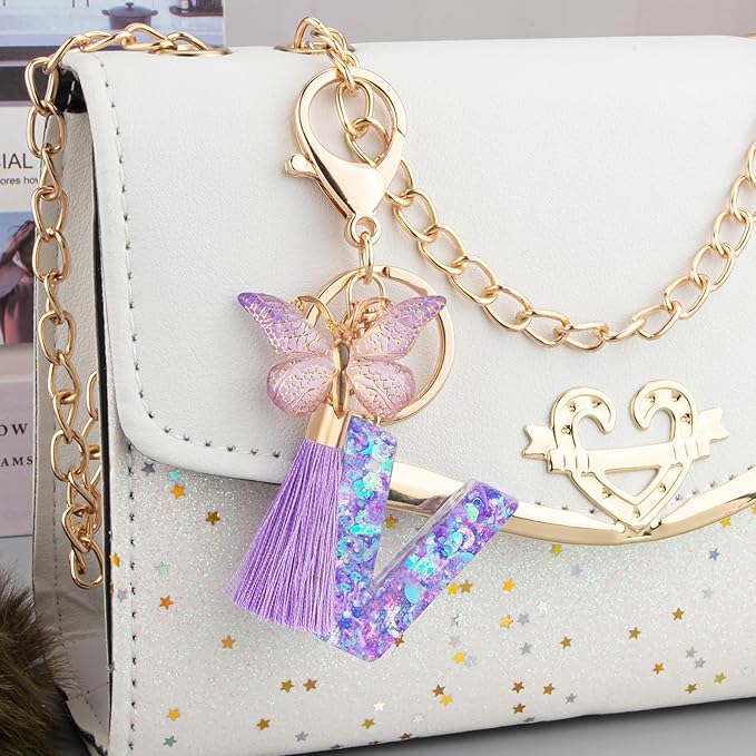 Suweibuke Colourful Cute Initial Letter Keychains for Women Girls with Tassel Butterfly, Charm for Purse Handbags Backpacks