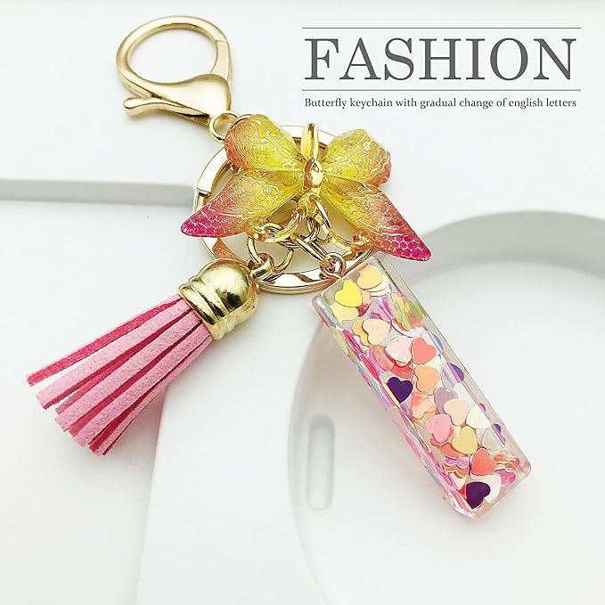 JINGUAZI Initial letter Keychains for Women Tassel Butterfly Pink Purple Cute Car Keychain for Wallet Backpack bag charm