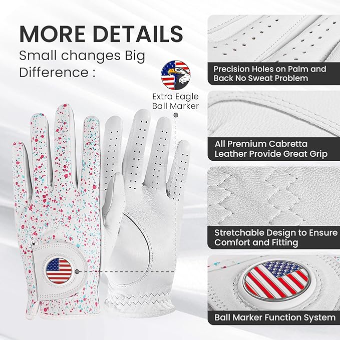 Golf Gloves Men All Premium Cabretta Leather 1 Pack with 2 Ball Marker, Mens Golf Glove Right Handed Golfer Left Hand All Weather Grip, Fit Size Small Medium ML Large XL