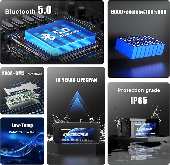 36V 150Ah LiFePO4 battery, built-in Bluetooth 200A BMS and LCD display, IP65 waterproof and dustproof, equipped with 43.8V 25A lithium battery charger, peak current 1000A (36V 105Ah)