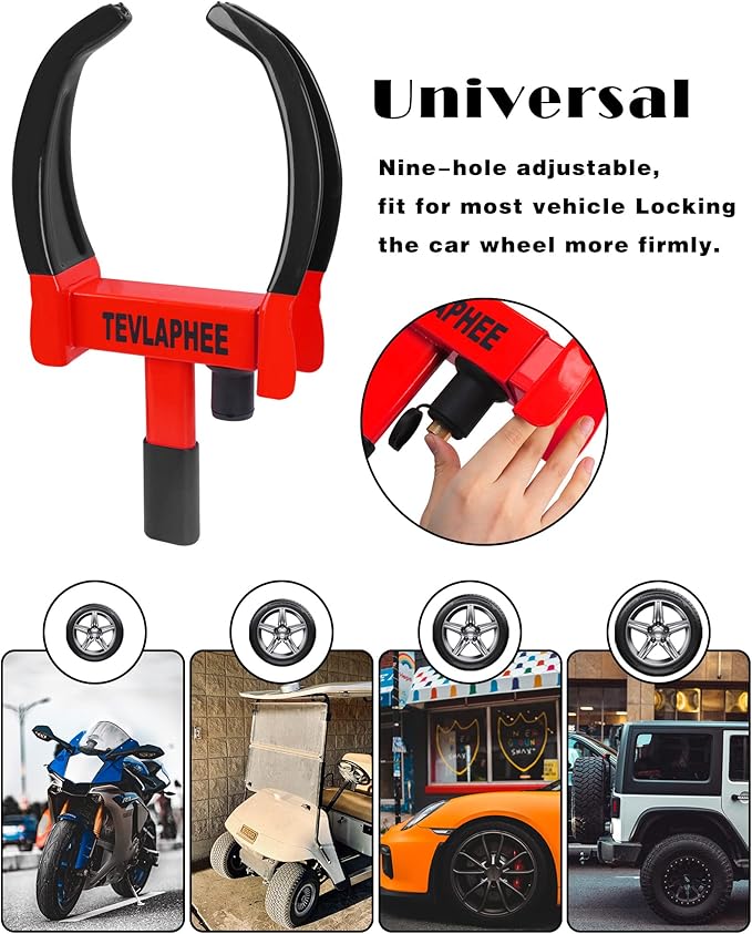 Tevlaphee Universal Wheel Lock Heavy Duty Security Trailer Wheel Lock Anti Theft Wheel Locks for Cars SUV Camper Motorcycle Trailer Great Deterrent Bright Color with 3 Keys (Black-red)