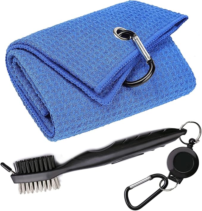 Golf Towels, Microfiber Waffle Pattern Tri-fold Golf Towel - Brush Tool Kit with Club Groove Cleaner, with Clip Men Women Golf Gifts (Blue Towel+Black Brush)