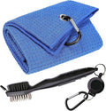 Golf Towels, Microfiber Waffle Pattern Tri-fold Golf Towel - Brush Tool Kit with Club Groove Cleaner, with Clip Men Women Golf Gifts (Blue Towel+Black Brush)