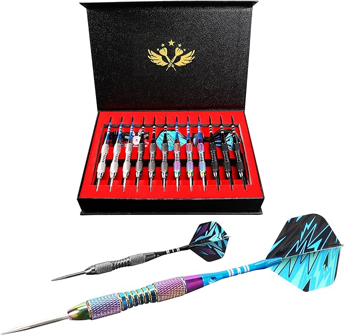 Darts Metal Tip Set Professional Metal Darts for Dartboard Steel Tip Darts with Nonslip Iron Barrel Aluminum Dart Shafts,Extra Flights,Dart Sharpener,Gift Box