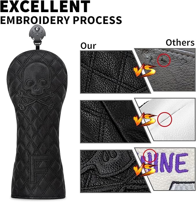 Grid Black Line Skull Golf Club Covers – Driver Headcover, Fairway Wood & Hybrid, 3 Wood Headcover, Black Skull Leather, Waterproof Easy-Clean, Universal Fit The Most Brands