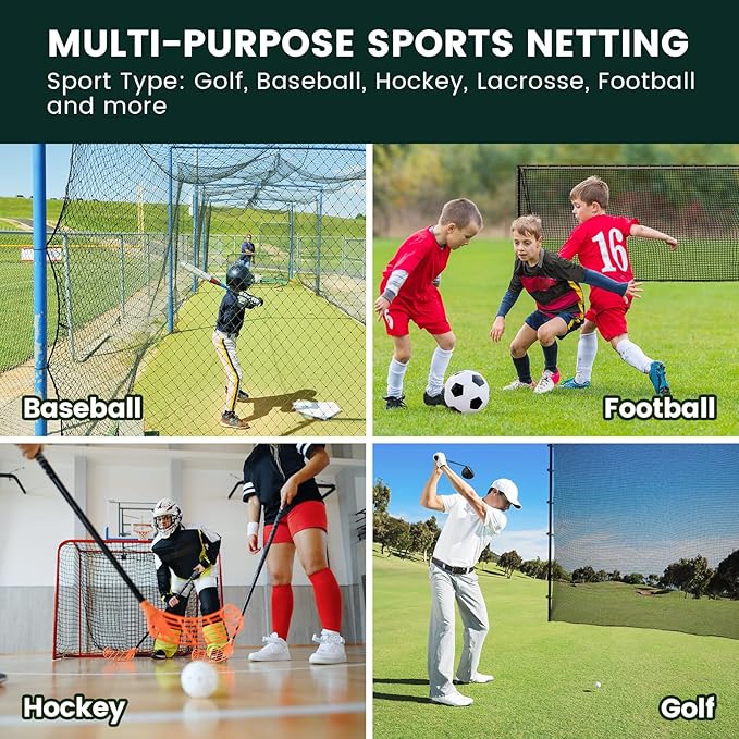 Sports Netting,Golf Practice Net Hitting Net with 33Feet Nylon Rope Also for Baseball, Hockey, Soccer, LAX and More - 10x10ft/10x15ft/10x20ft/10x25ft/10x30ft/10x40ft/10x55ft