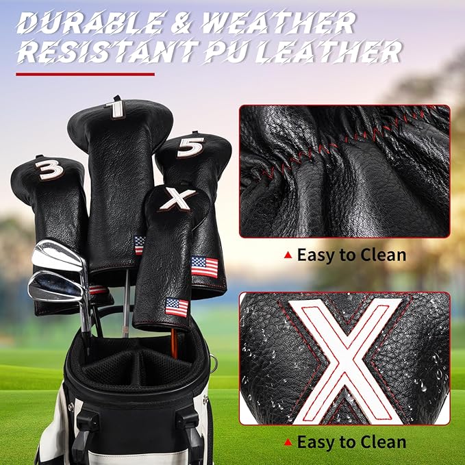 Golf Head Covers, American Flag Patriotism Golf Club Cover for Woods and Driver, Fairway, Hybrid - Premium Leather Golf Club Head Covers with Interchangeable Tags