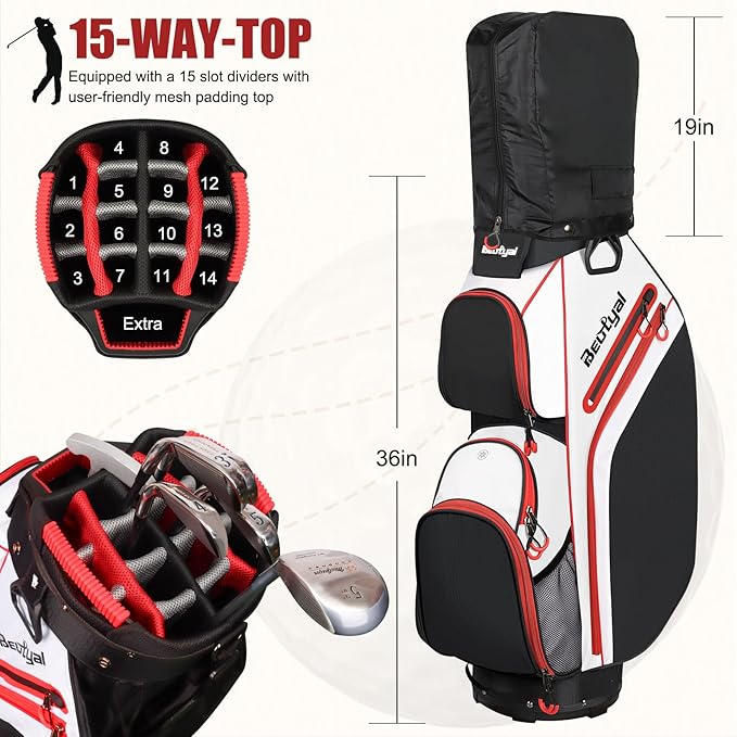 Cart Golf Bag 15 Way Organizer Divider Top Golf Club Bags Lightweight Golf Cart Bags for Men Women with Cooler, Rain Cover