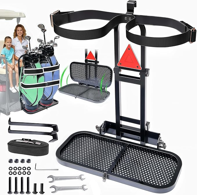 No Drilling Golf Cart Bag Holder Bracket for 2+2 Golf Cart Rear Seat with 1 Inch Square Tube, Universal Golf Bag Attachment Adjustable for EZGO Club Car Yamaha Golf Carts