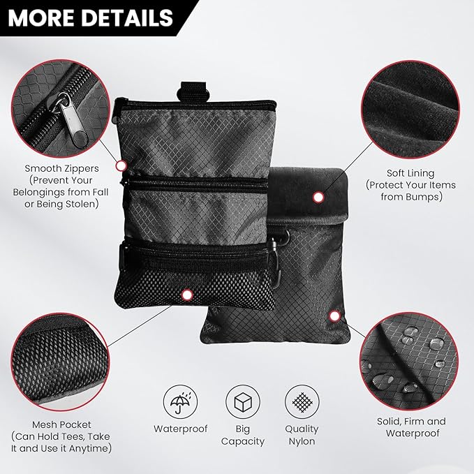 FINGER TEN Golf Pouch Bag for Valuables Tee Color with 4 Golf Pencil Pack, Zippered Pocket Gear Clip Hook to Bag