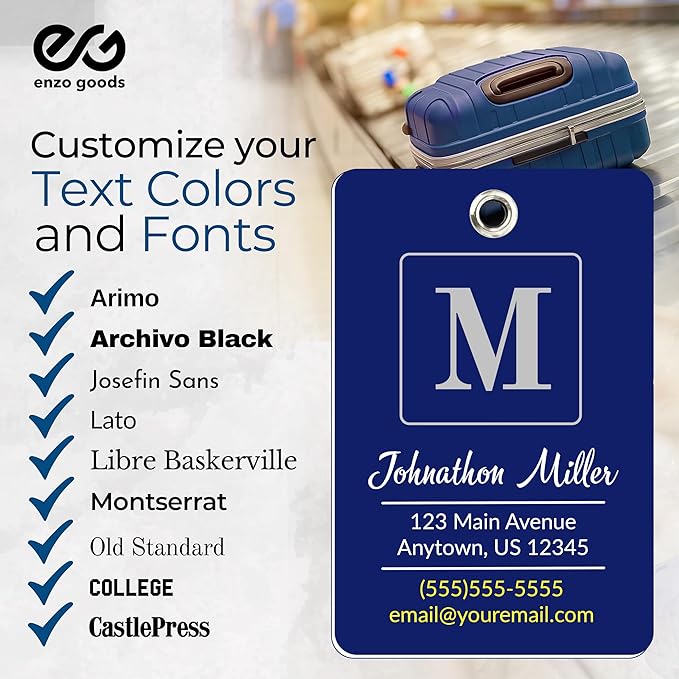Personalized Luggage Tag | 4 Pack | Custom Luggage Tags for Suitcases | Kids Backpack Tag | 10 Color Options & Choose Font, Font Color