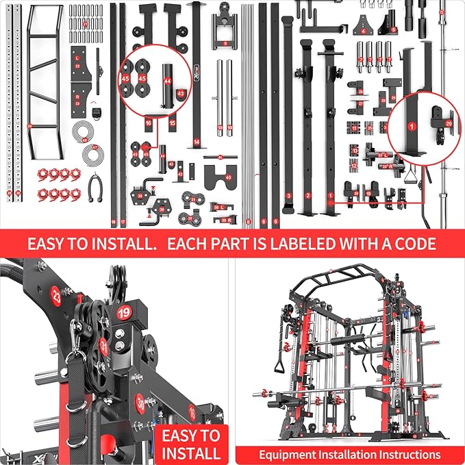 Smith Machine，Multi-Function Squat Rack Power Cage with Cable Crossover System,with Optional Weight Bench, Olympic Barbell Weight Set, for Home Gym