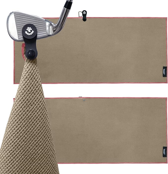 4Monster Golf Towels 3-Pack with Detachable Magnet and Portable Pouch, Quick-Dry Microfiber Golf Towel Set for Golf Bags,Custom Towel Gifts for Men or Women (2, Toasted Almond)