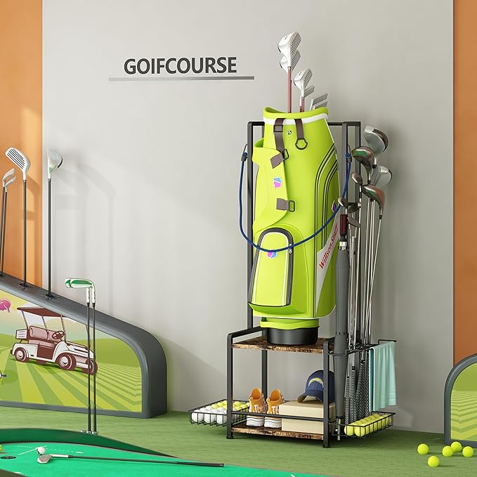 GILLAS Golf Bag Storage Garage Organizer, Golf Bag Stand Fit for 2 Golf Bags, Golf Equipment Accessories, Golf Bag Storage Rack with Wheels for Garage, Club, Shed, Basement