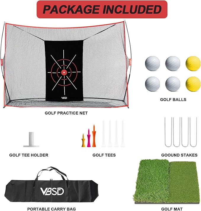 10x7ft Golf Practice Net for Backyard Driving, All-in-1 Outdoor Indoor Hitting Net, Mat, 7 Tees, 6 Balls for Training, Golf Gifts for Men Dad Him Golfer