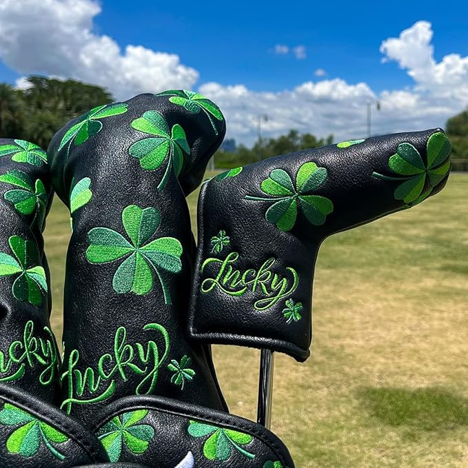 Live Lucky Golf Club Headcover Shamrock Golf Head Cover Elegant Embroidery Premium Leather Driver Covers Fairway Wood Covers Hybrid Headcovers Mallet Blade Putter Covers