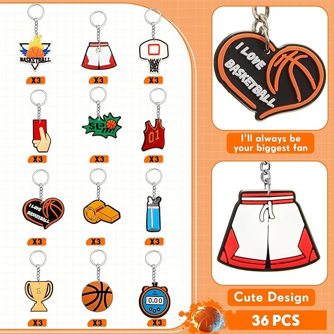 Batiyeer 36 Pack Basketball Keychains Bulk Party Favors Sports Ball Key Chains Funny Keyring Gifts for Women Men Birthday Supplies