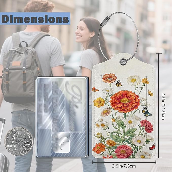 Set of 3 Luggage Tags, Vintage Flowers Butterflies Leather Suitcases Tag Identifiers with Privacy Name Address Labels & Durable Steel Loop for Women Men Travel