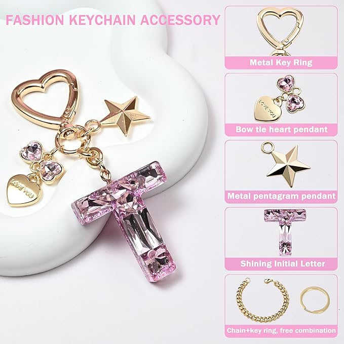 Cute Bling Keychain initial Letter Butterfly Star Pink Purple Gift for Women Girls Bag Cup Charms Accessories