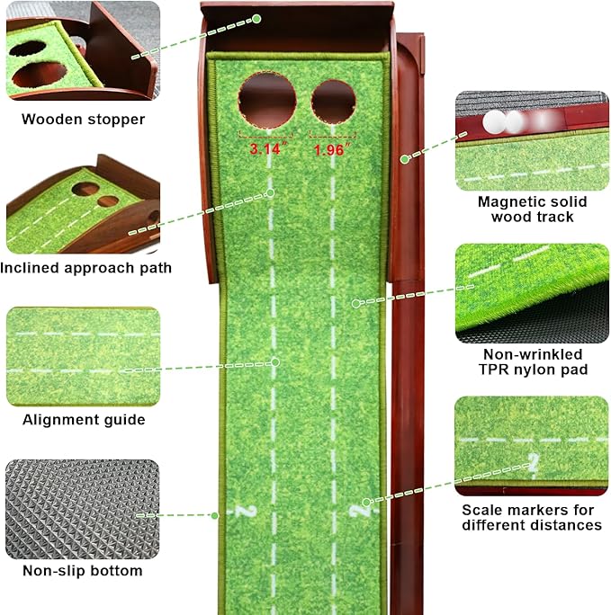 Golf Putting Mat with Ball Return, Practice Golf Putting Green Training Aid for Indoor, Outdoor at Home, Office, Backyard with Putter and 5 Balls 9.84 ft