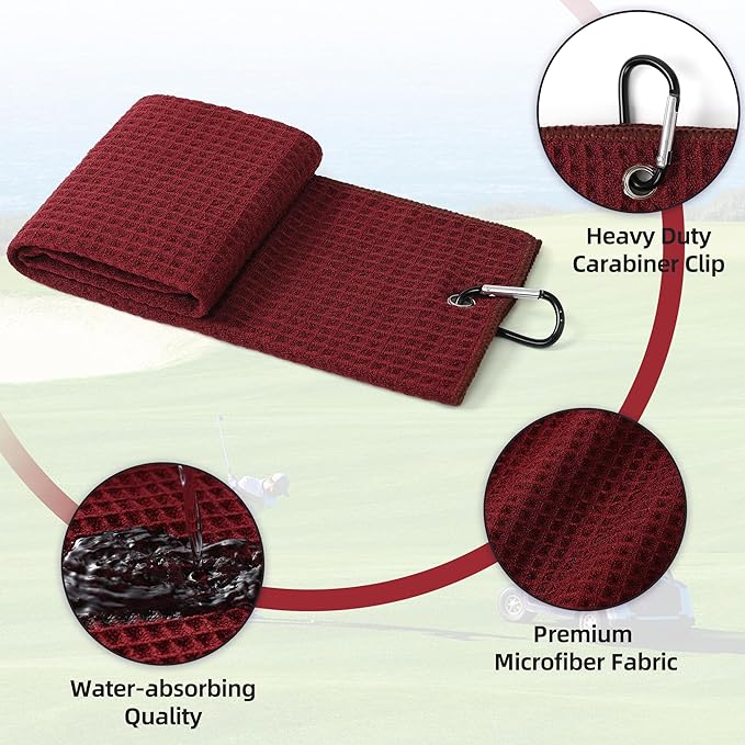 Mile High Life Premium Waffle-Weave Golf Towel | 16" X 24" | Extra Absorbent & Quick-Dry | Ultra-Soft Microfiber | Carabiner Clip | Multi-Color Options | Golf Accessory for Men & Women, Wine Red