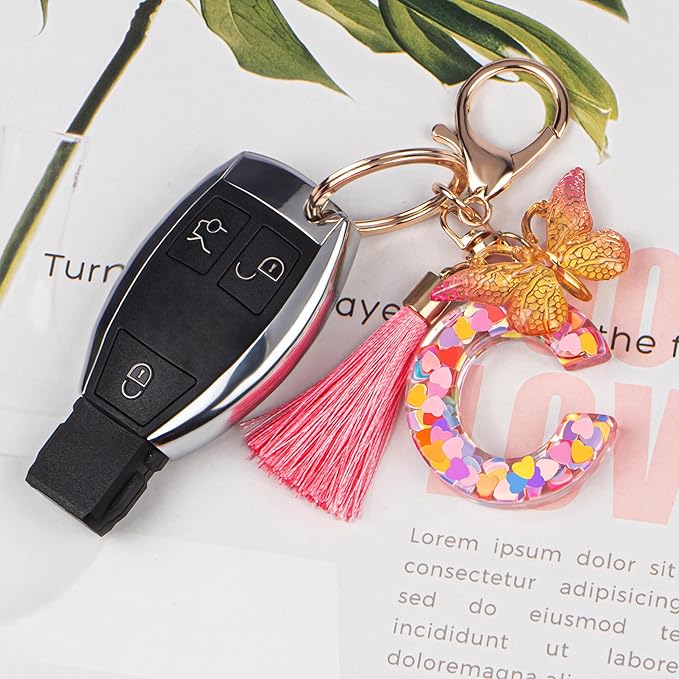 Suweibuke Colourful Cute Initial Letter Keychains for Women Girls with Tassel Butterfly, Charm for Purse Handbags Backpacks